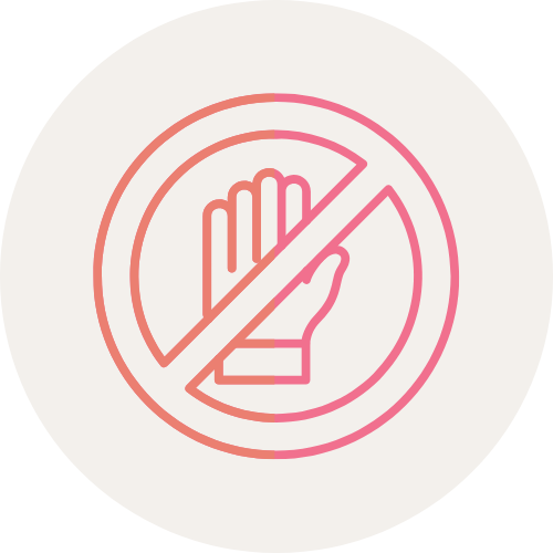 Icon in orange and pink of a circle with a line across it representing 'stop'. inside the circle is a hand extended open as if to strike or hit someone. The significance is to say stop to violence