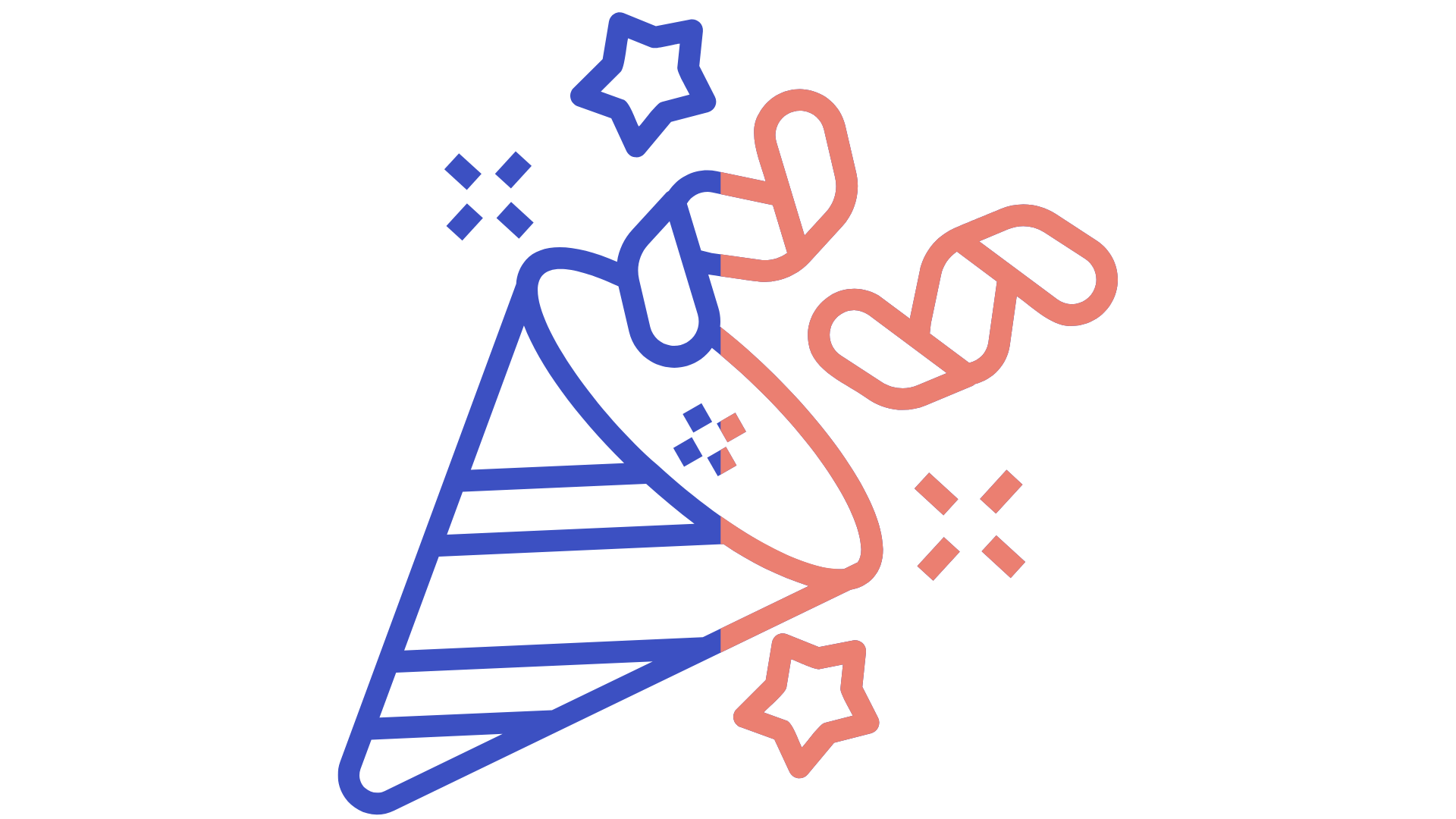 Blue and orange icon of a party trumpet and confetti signifying congratulations