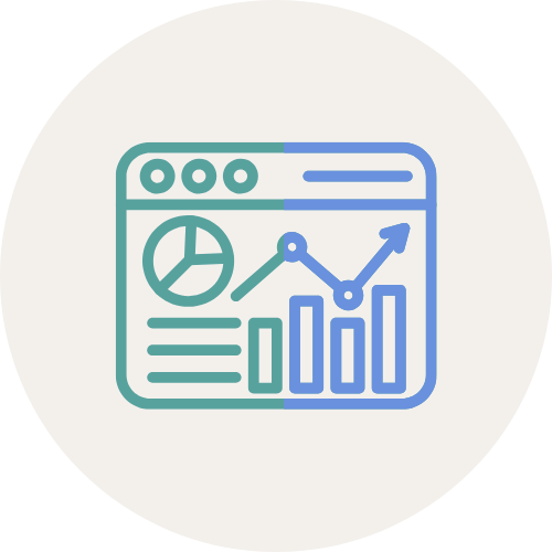 Icon in green and blue of a chart that shows graphs and results signifying a results dashboard