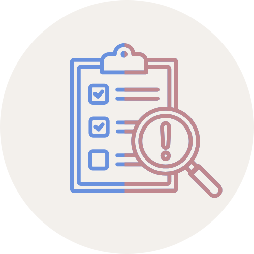Icon in blue and purple of a clipboard with a survey on it and a magnifying glass over a portion of the paper with an ! on it signifying an issue