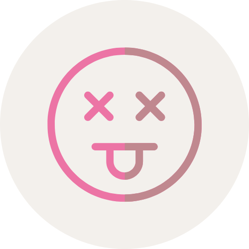 Icon in brown and pink of an emoji face with 'X' marks over the eyes and tongue out representing a dead person