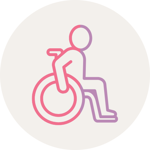 Icon in pink and purple of a disabled person in a wheelchair. if you are disabled and listening to this alt text, I must apologise for using such a basic and simplistic representation of disability. I am using it as a quick reference for clients