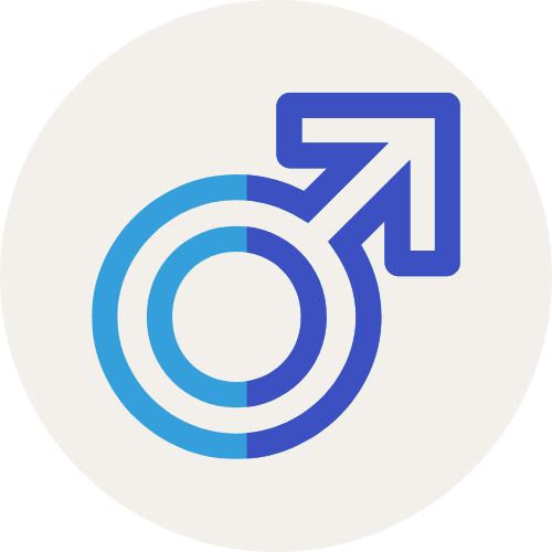 Icon in blue and dark blue of the symbol for male which is a circle with an arrow in the top right portion