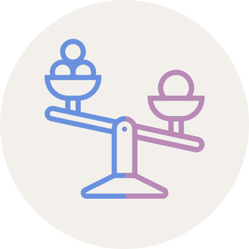 Icon in blue and purple showing a wighted scale tipped to one side signifying a bias or heavier weighting to one side