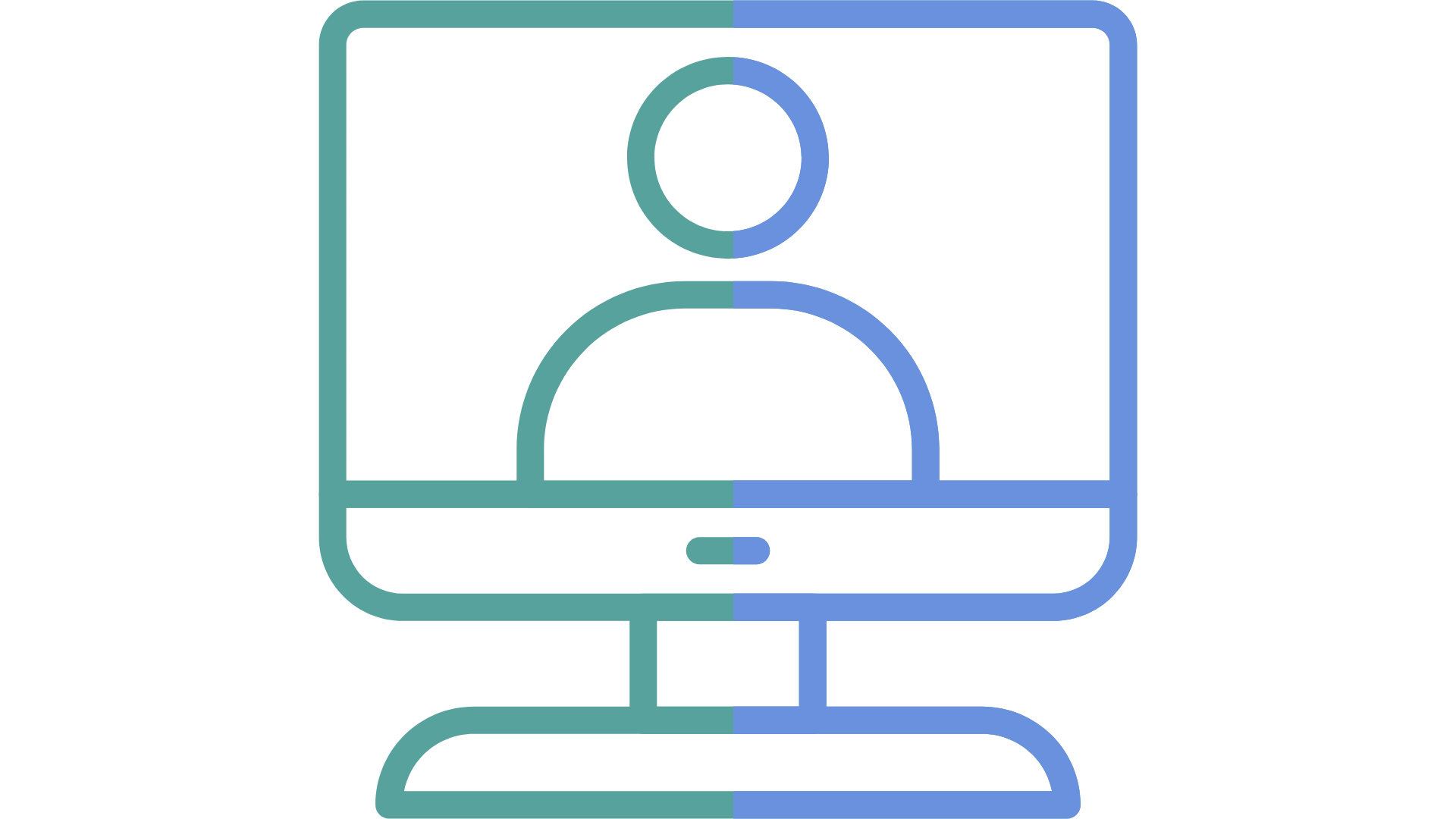 Icon in green and blue of a human figure on a computer screen signifying watching someone on the screen