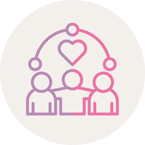 Icon in purple and pink of 3 figures with their arm around each other as if together in community representing belongin