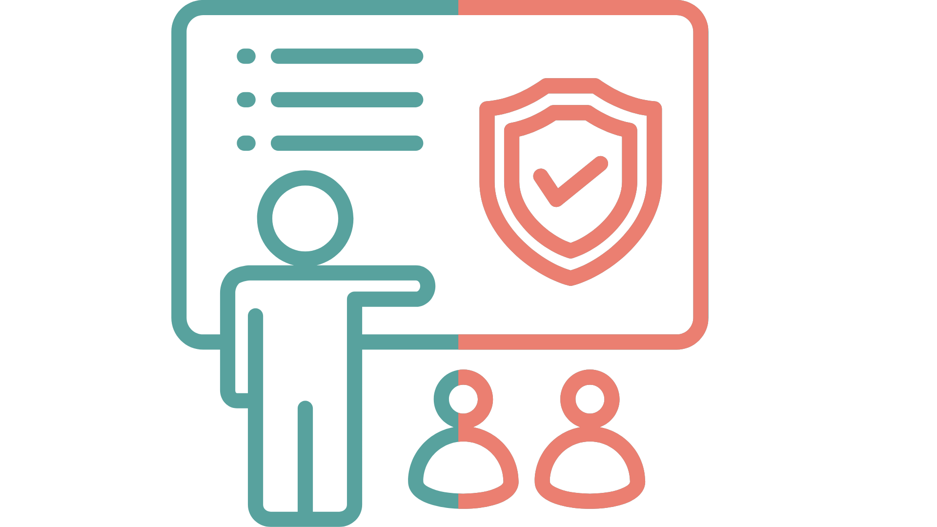 Icon in green and orange of a person in front of a presentation screen presenting to people signifying training
