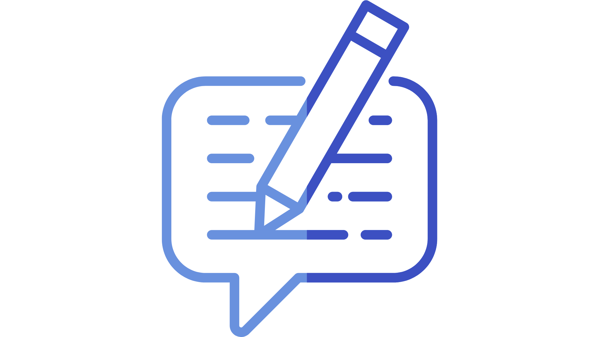 Icon of a speech bubble with a pen on the top, as if a person were writing their thoughts