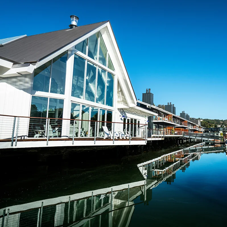The new Clubhouse at The Cove at Tiburon overlooks the private marina with 50 boat slips available to rent by residents and non-residents.