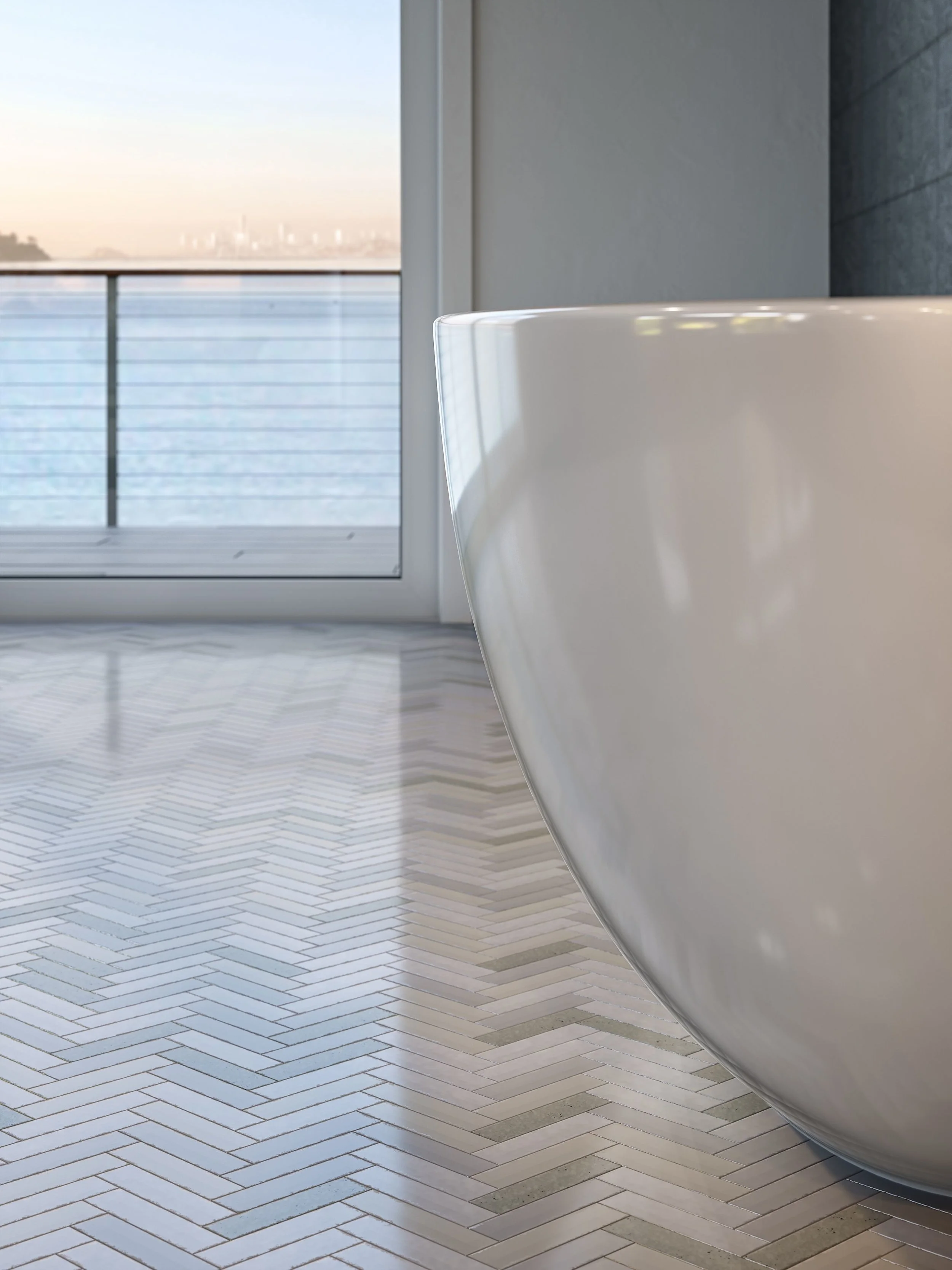 The four-bedroom residence at The Pointe features Carrara marble slab and hones stone countertops, Waterworks fixtures and ceramic tiling