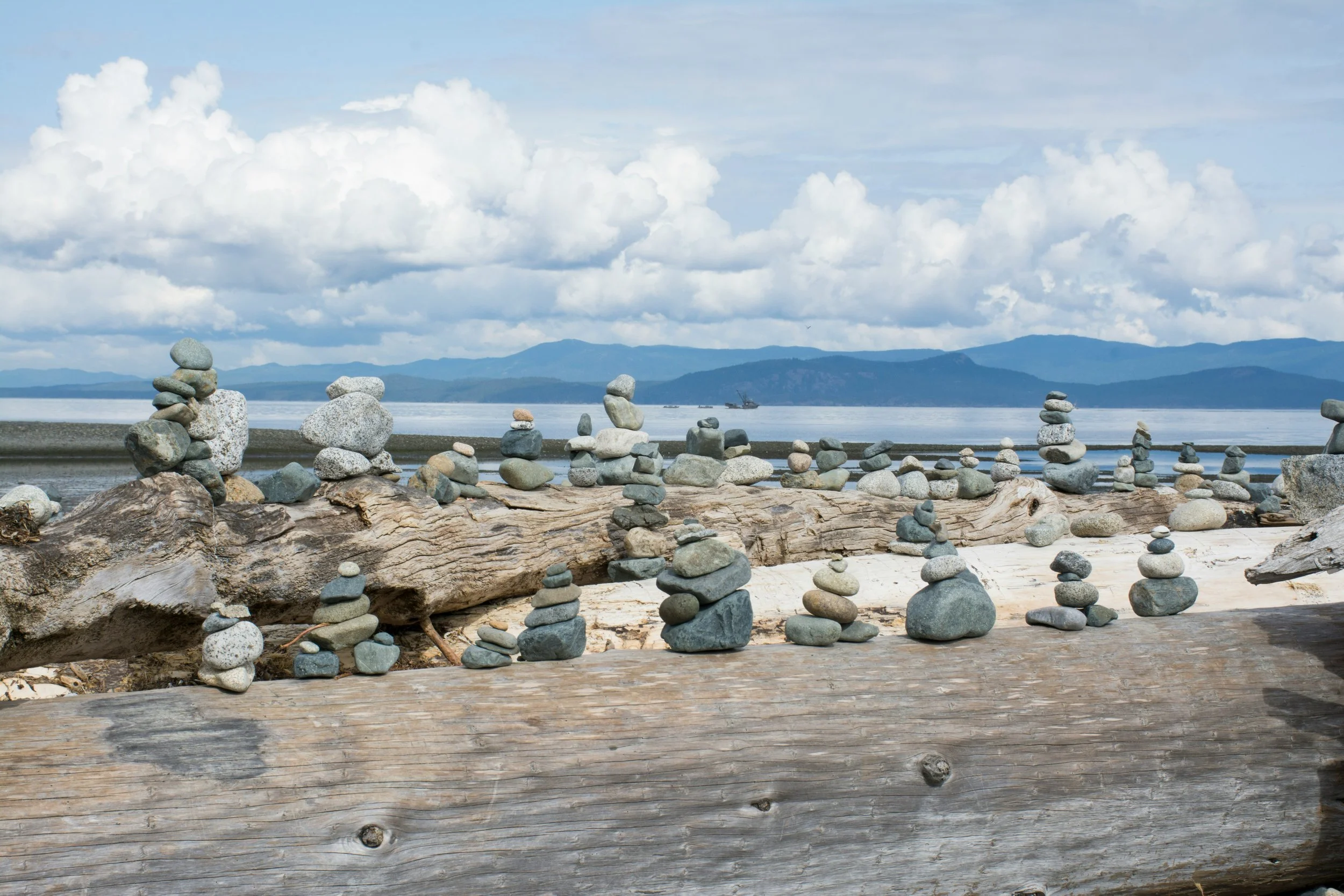 Stacked stones on driftwood logs - moving through life transitions with intention