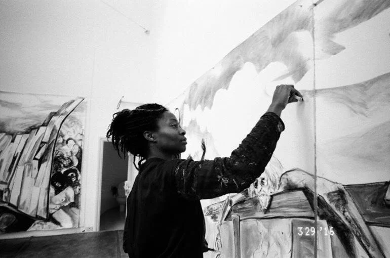 Kara Walker in the studio, working on pieces for the exhibition in question. Photo by Ari Marcopoulos.