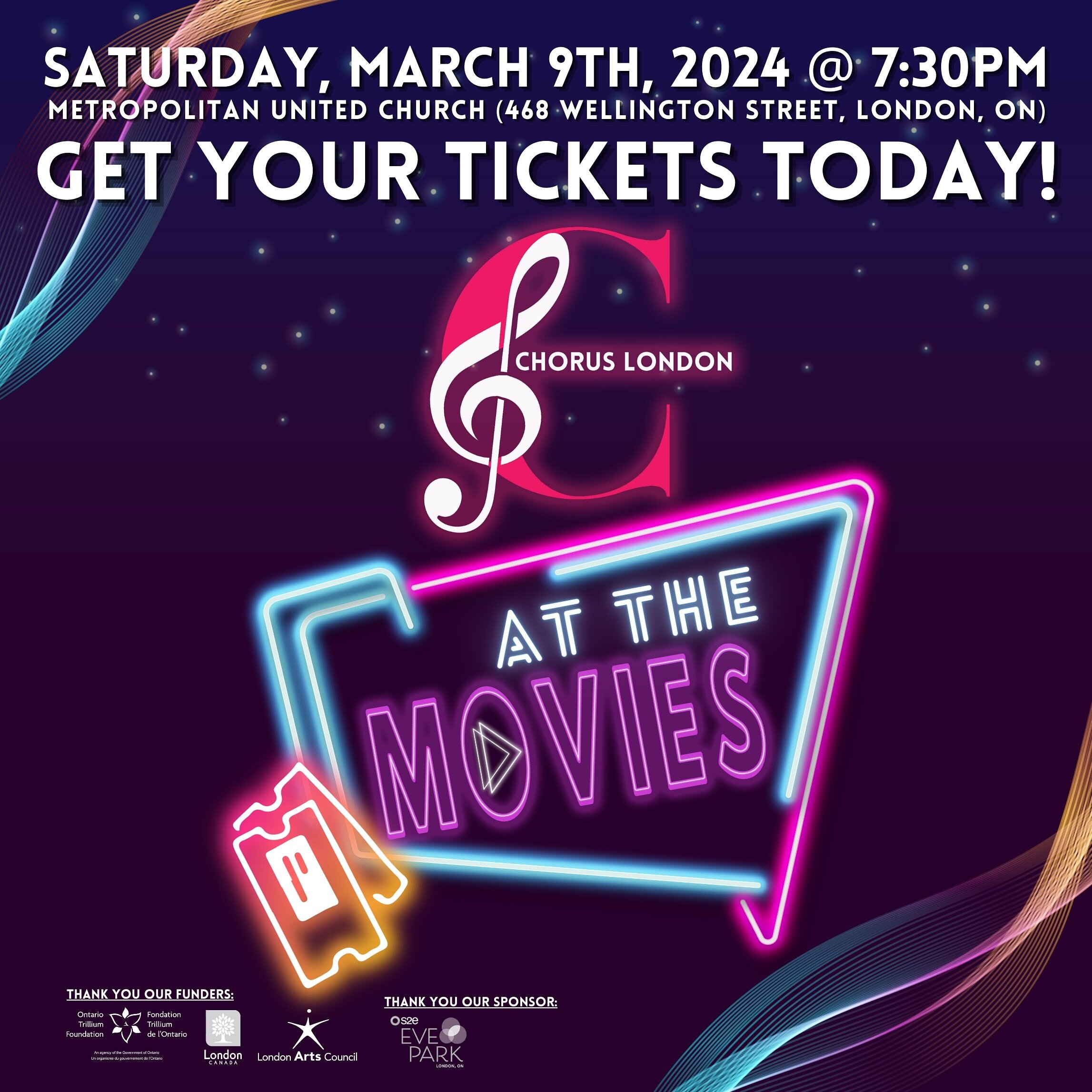 Get your tickets today!
Join us on Saturday, March 9th, for Chorus London at the Movies.

Ticket are $25 online (https://www.choruslondon.com/tickets)
Doors open at 7:00PM
Metropolitan United Church (468 Wellington Street, London, ON)

Conducted by D