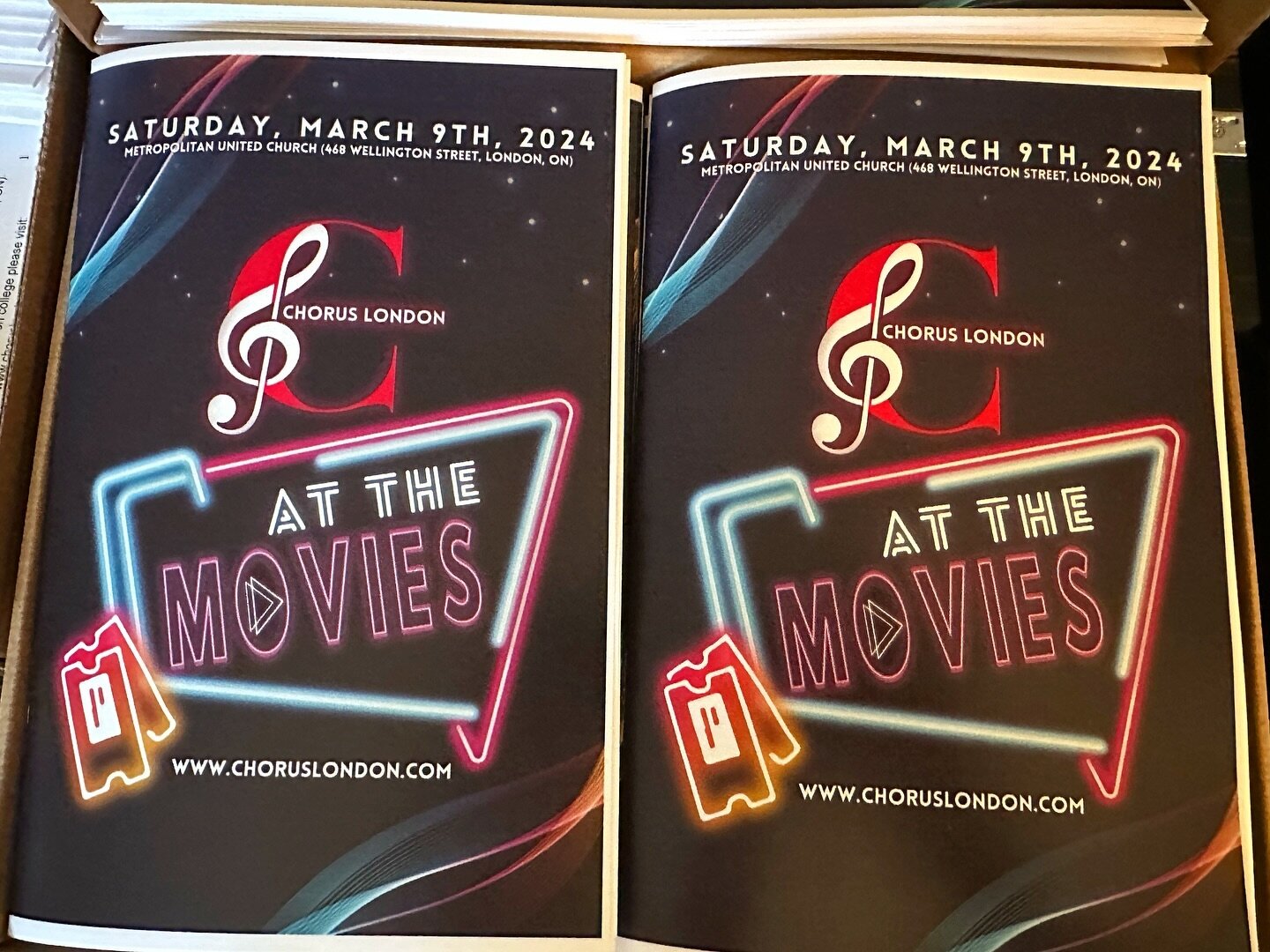 Only a few hours to go! The programs are ready and waiting.

Join us tonight for Chorus London at the Movies (Saturday, March 9th at 7PM).

Ticket are $25 online (https://www.choruslondon.com/tickets)
Doors open at 7:00PM
Metropolitan United Church (