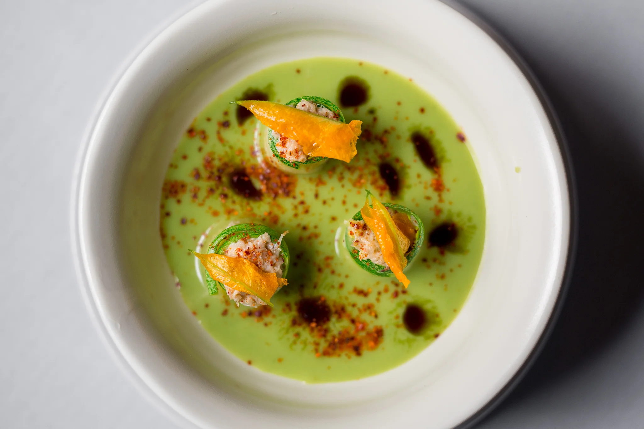 Chilled Zucchini Soup, Pumpkin Seed Oil, Squash Blossom, Dungeness Crab