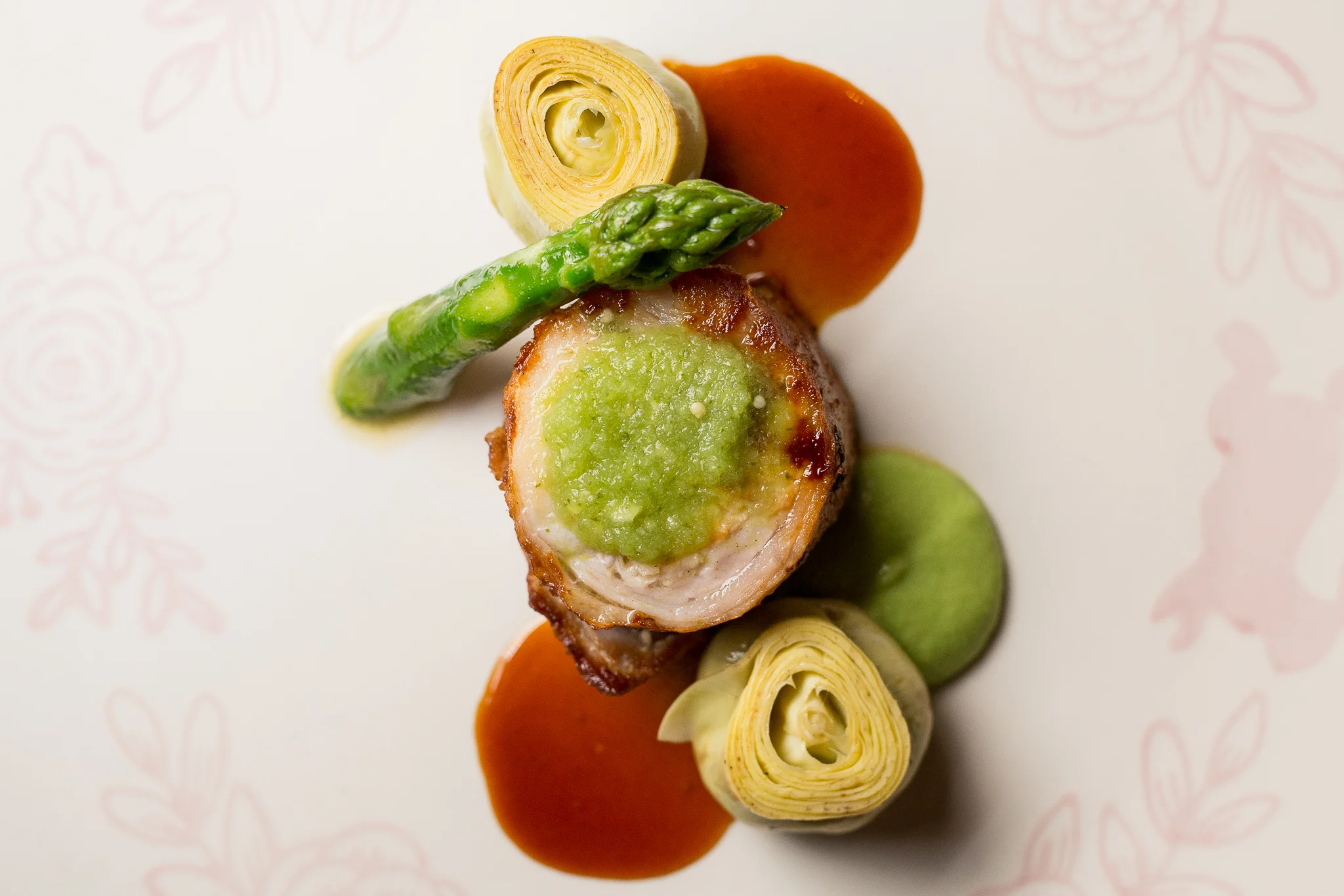 Lapin a la Moutarde, Salsa Verde, Glazed Artichoke, Asparagus Purée