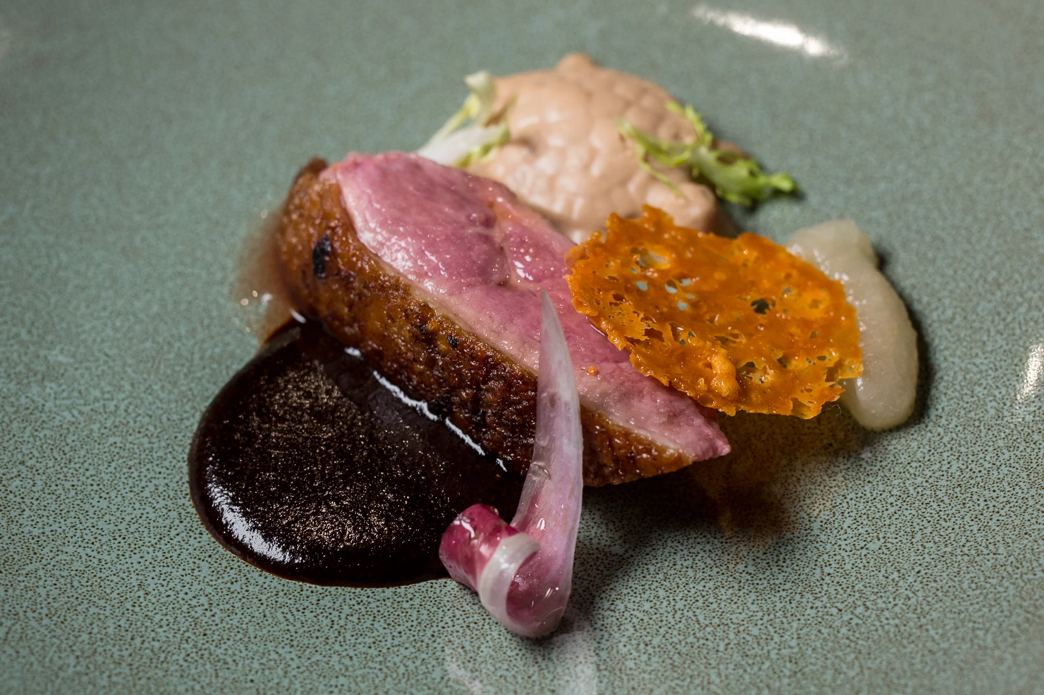 Cider-Glazed Duck, Mole Rojo, Julian Apple, Cheddar Tuile, Foie Gras