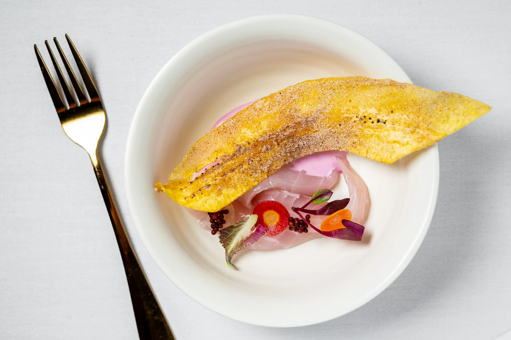 Baja Striped Bass, Purple Cabbage, Plantain, Black Mustard, Gingerbread Spice