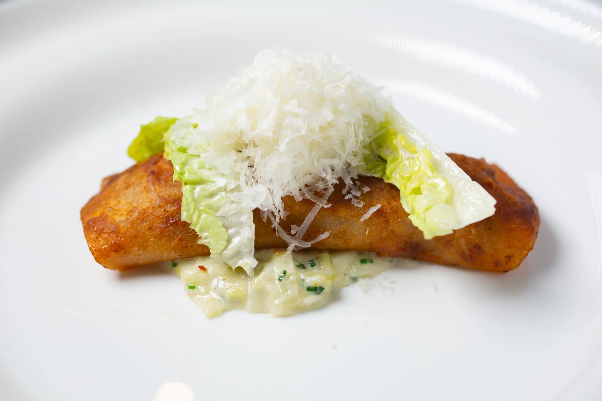 Dungeness Crab Enchilada, Mascapone, Little Gem Lettuce, Leek Cremeux