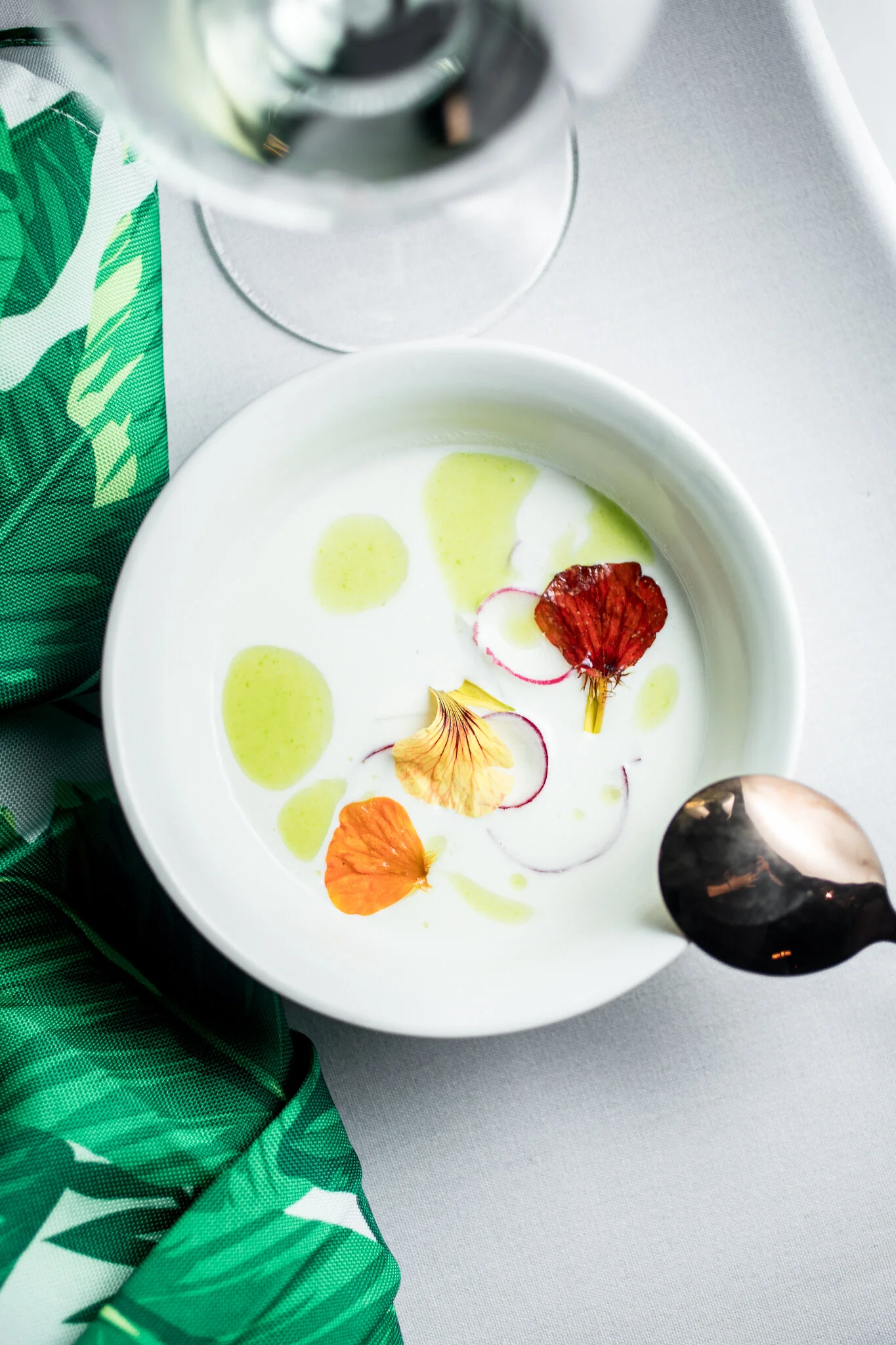 Ajo Blanco Soup, Dungeness Crab, Red Radish, Nasturtium