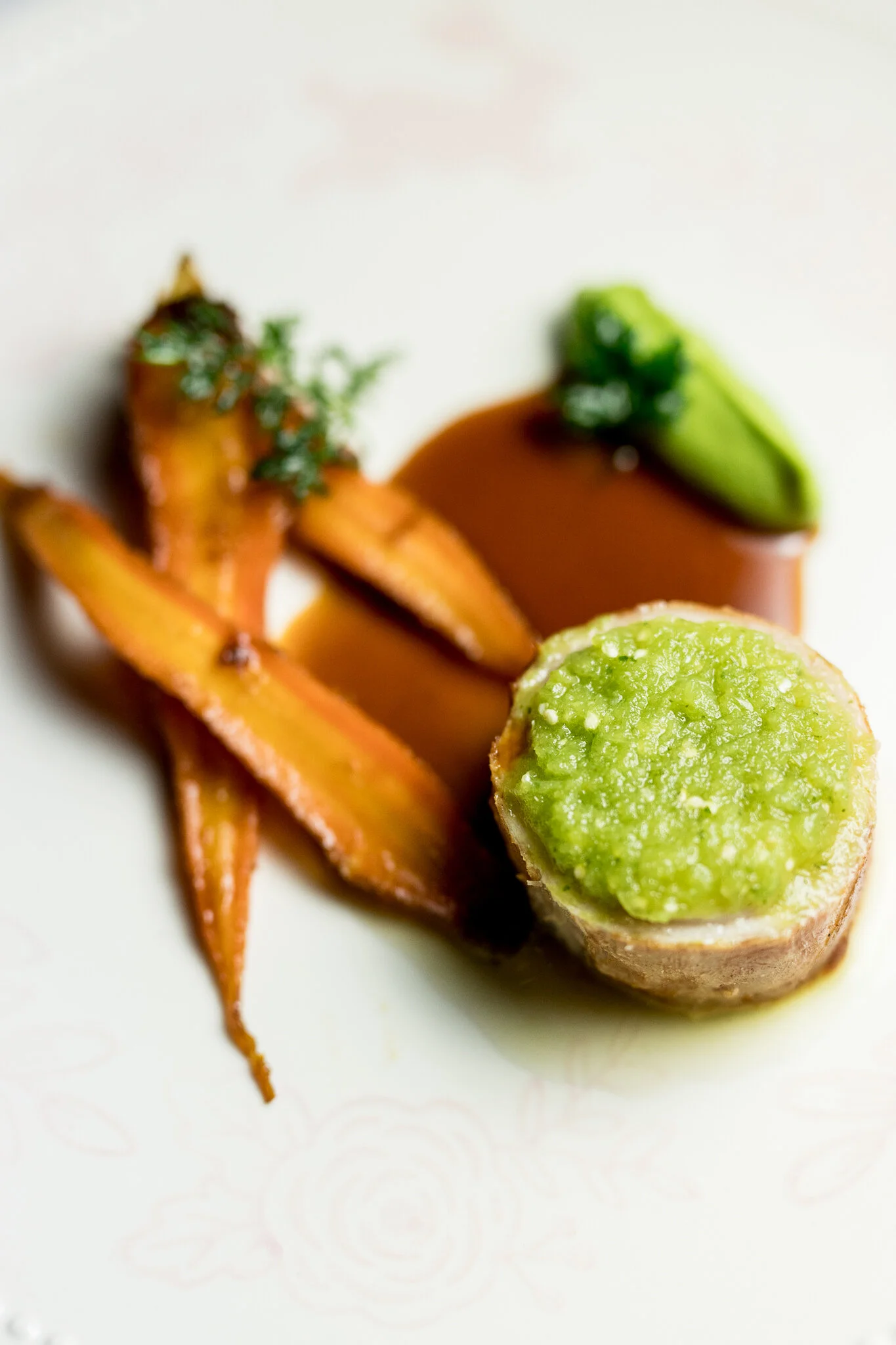 Lapin à la Moutarde, Carrots Agrodolce, Minted Pea Purée, Salsa Verde