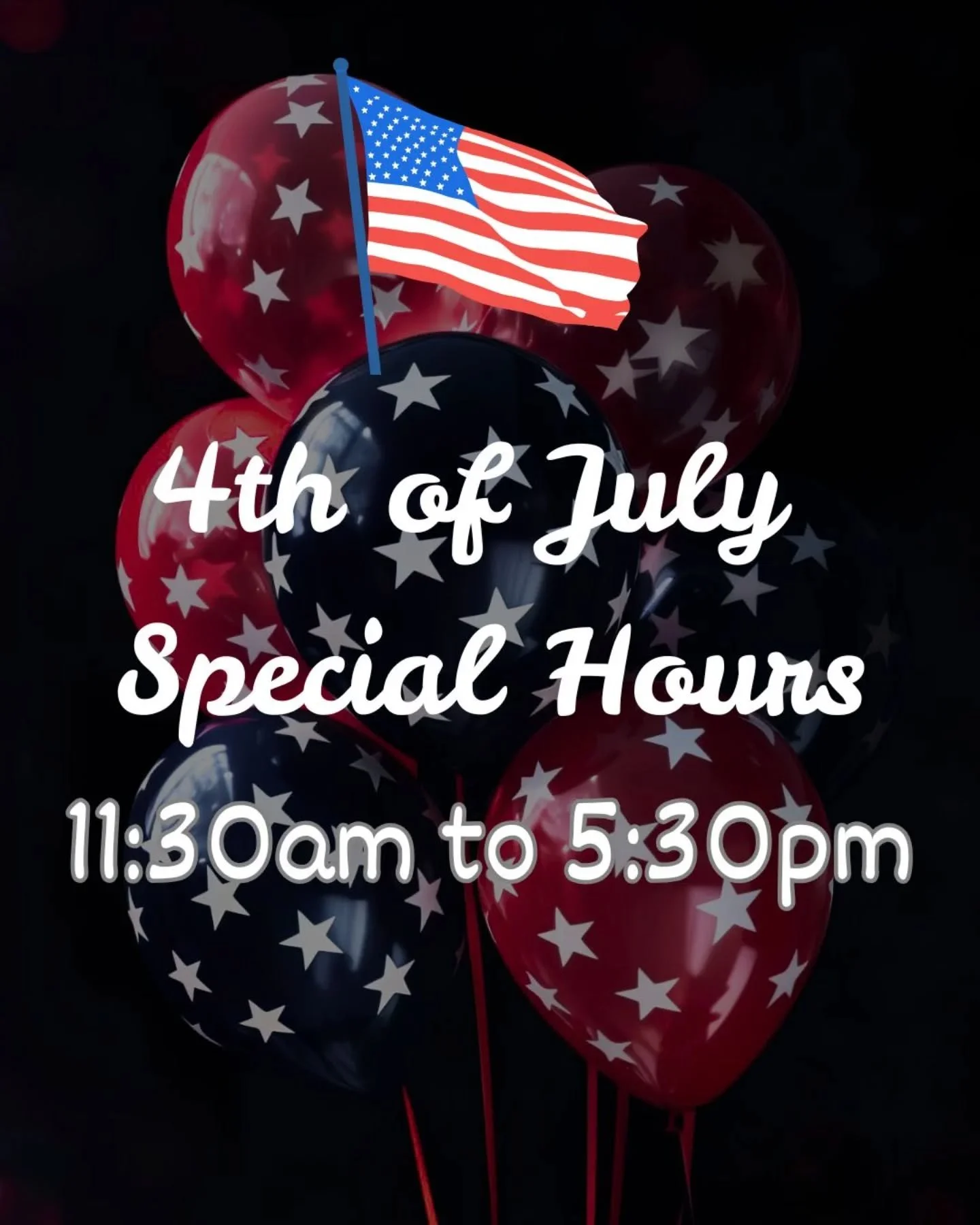 Sorry for the inconvenience but we will be closing a little earlier than usual this Independence Day to allow our team to spend time with their loved ones and enjoy the holiday! Enjoy the fireworks everyone!