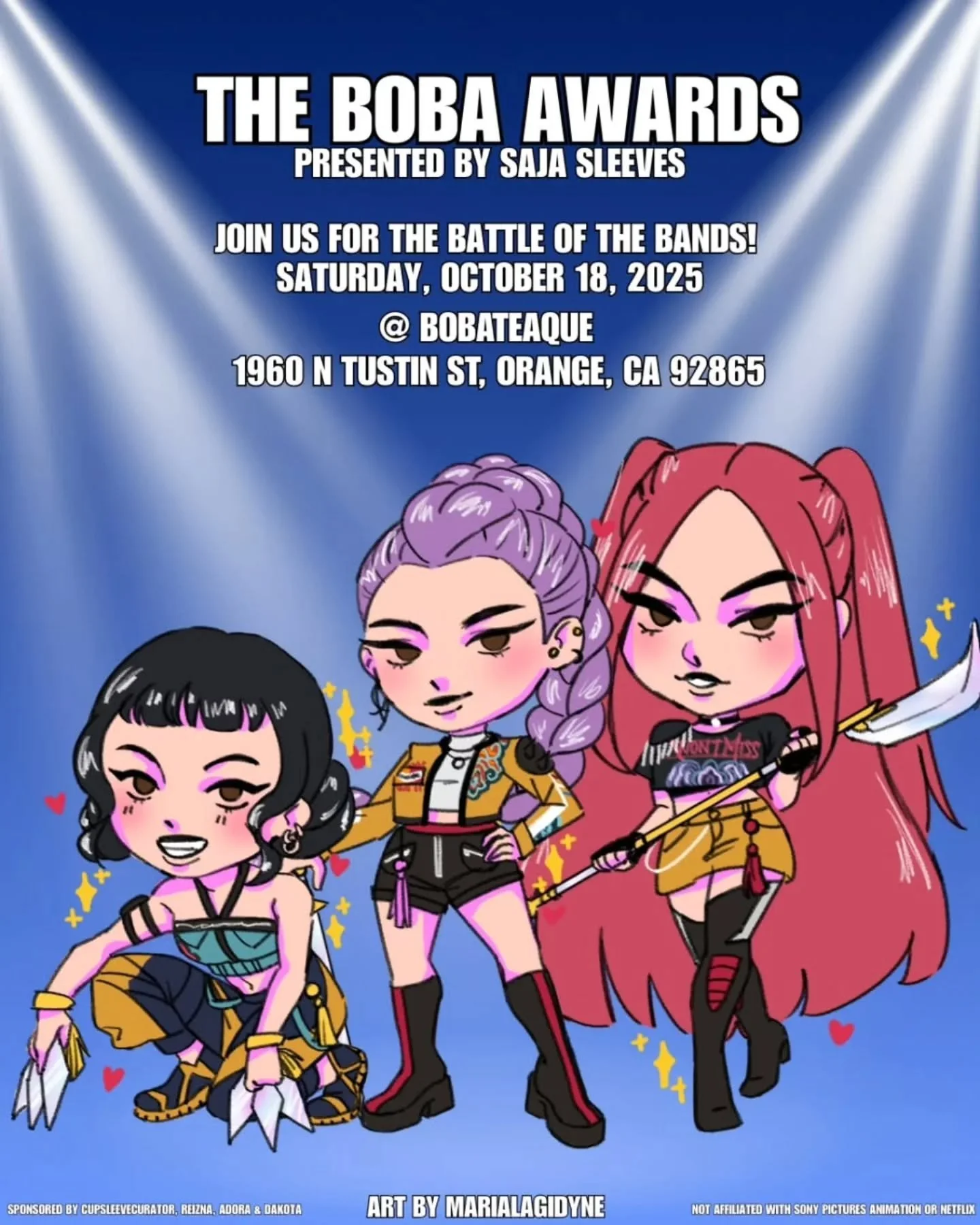 Are you team #huntrix or team #sajaboys? Let's find out this Saturday at The Boba Awards presented by @sajasleeves! We can't wait to hear all your golden voices!

#kpopdemonhunters #kpopdemonhuntersevent #sajaboysfanart #huntrixfanart #kpopdemonhunte