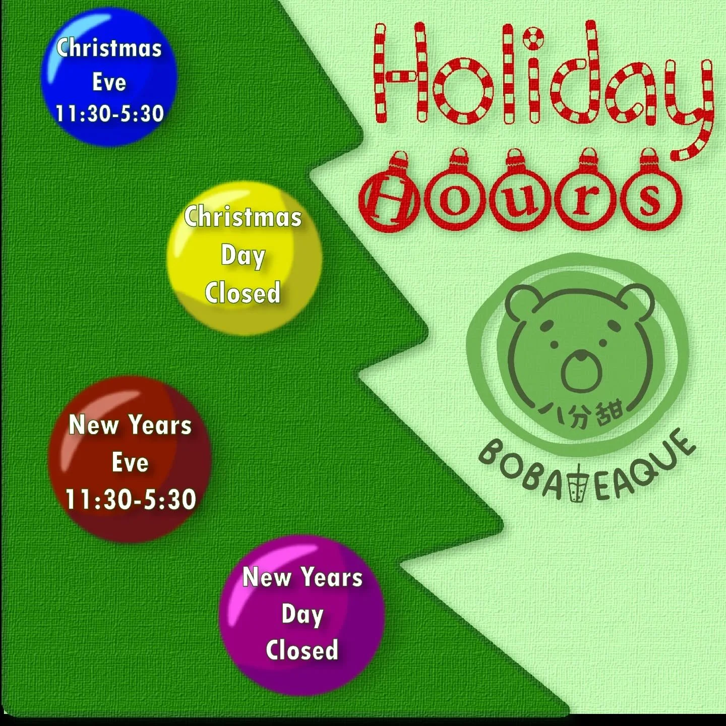 Here's our upcoming Holiday Hours 🎄

🎁Christmas Eve- 11:30-5:30

🎄Christmas Day- Closed

🎇New Year's Eve- 11:30- 5:30&nbsp;

🎉New Year's Day- Closed

📍 1960 N Tustin St, Orange, CA 92806

#bobateaque #bobatea #orangecounty #shoplocal #milktea