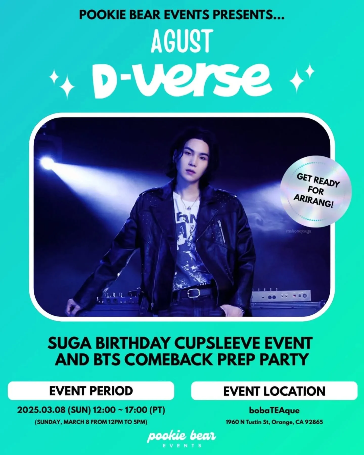 We're getting the BTS comeback started with a birthday event for SUGA this Sunday! @pookiebearevents will be here to party with all them ARMY! Who's ready!?

#btssuga #agustd #btscomeback #sugabts #btscupsleeveevent
