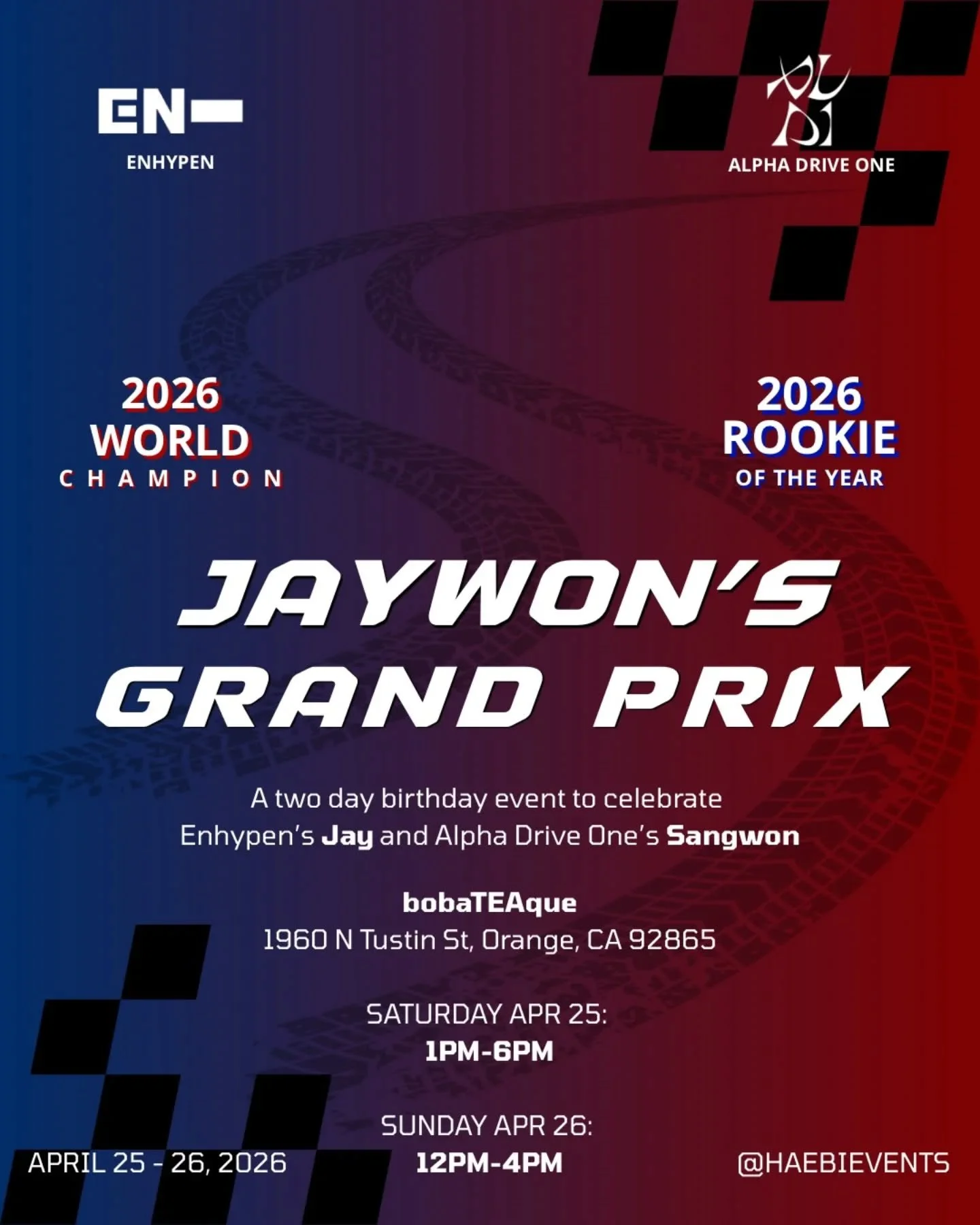 It's a two day doubleheader to celebrate Jay from Enhypen and Sangwon from Alpha Drive One! Who you got? The champ or the rookie?!? Go to @haebievents and see what's up!

#enhypenjay #alphadriveonesangwon #kpop #jayenhypen #sangwonalphadriveone