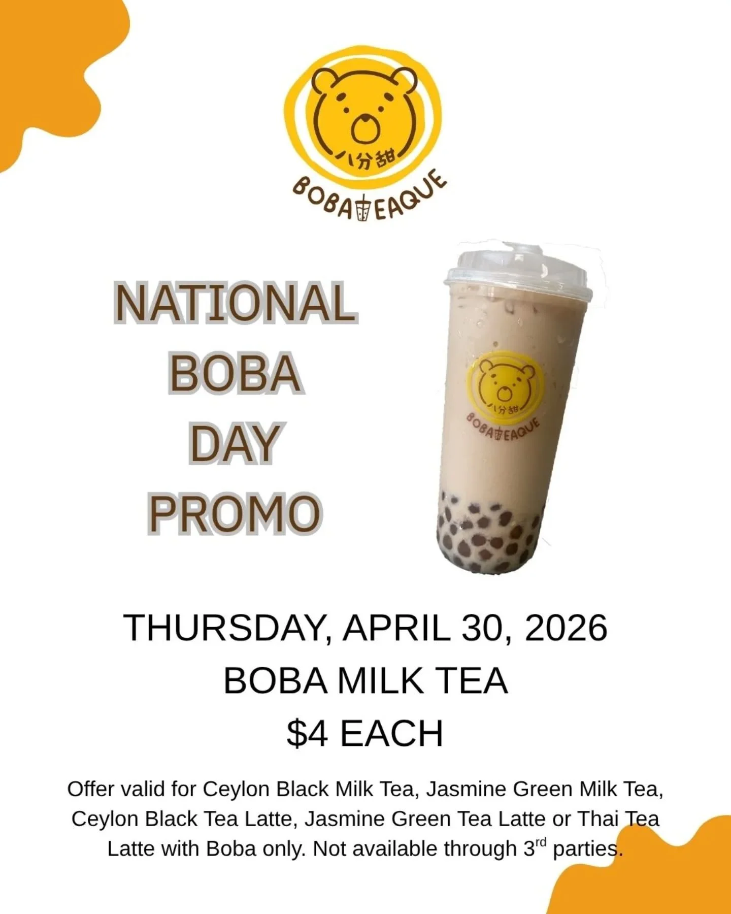 NATIONAL BOBA DAY PROMO
Grab a Boba Milk Tea for $4

You asked for it again so we brought it back for 2026!

Nothing says friendship like getting boba together so don't forget to tag and share with your besteas!

Thank you for always supporting us!

