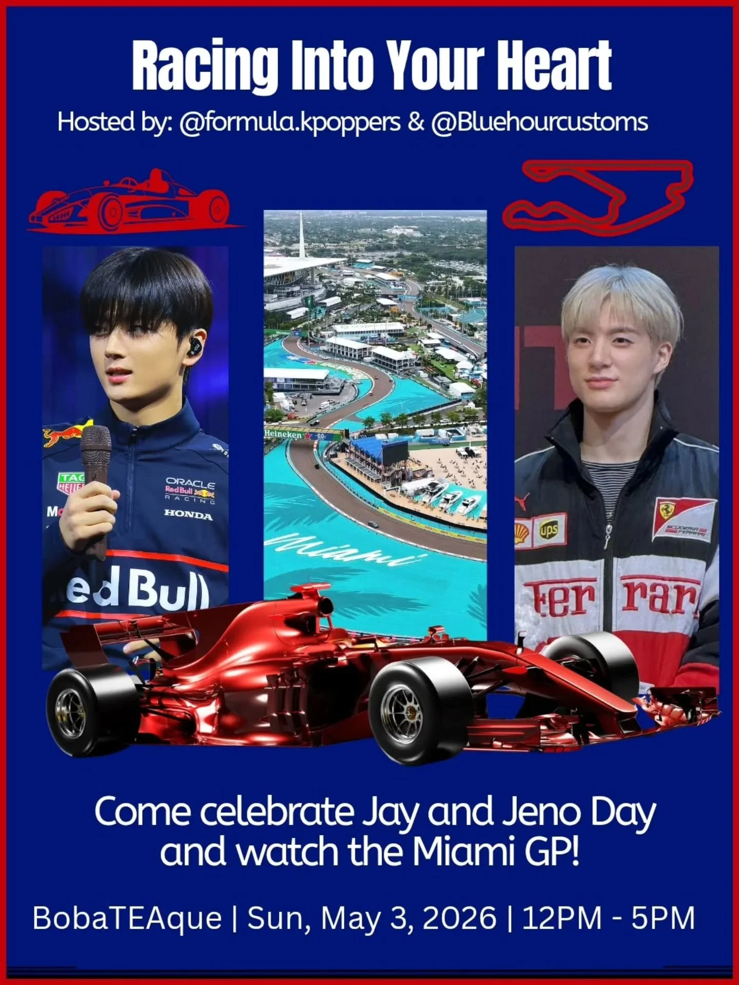 Racing into your heart this Sunday with the Miami F1! We're celebrating Jay and Jeno with @formula.kpoppers and @bluehourcustoms with a watch party and more!

#enhypenjay #nctdreamjeno #formula1miami #kpopboys #f1fans