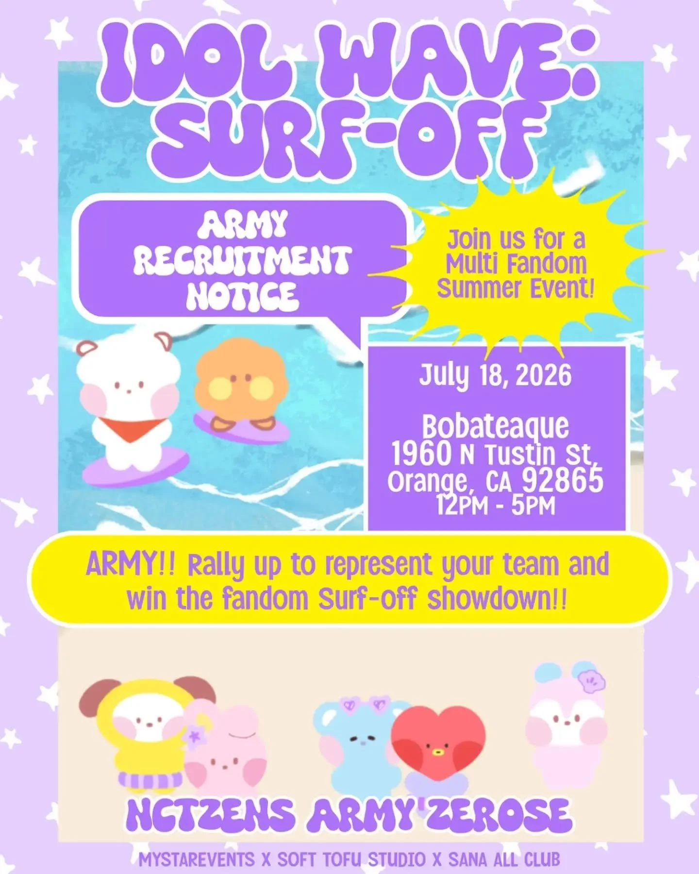ARMY, NCTzens, ZEROES unite!! We have a multi-stan event this Saturday with @mystarevents, @softtofu.studio and @sana.all.club so get ready for the Idol Wave: Surf-Off!

#btscupsleeveevent #nctcupsleeveevent #zb1cupsleeveevent #kpopfanevent #kpopboys