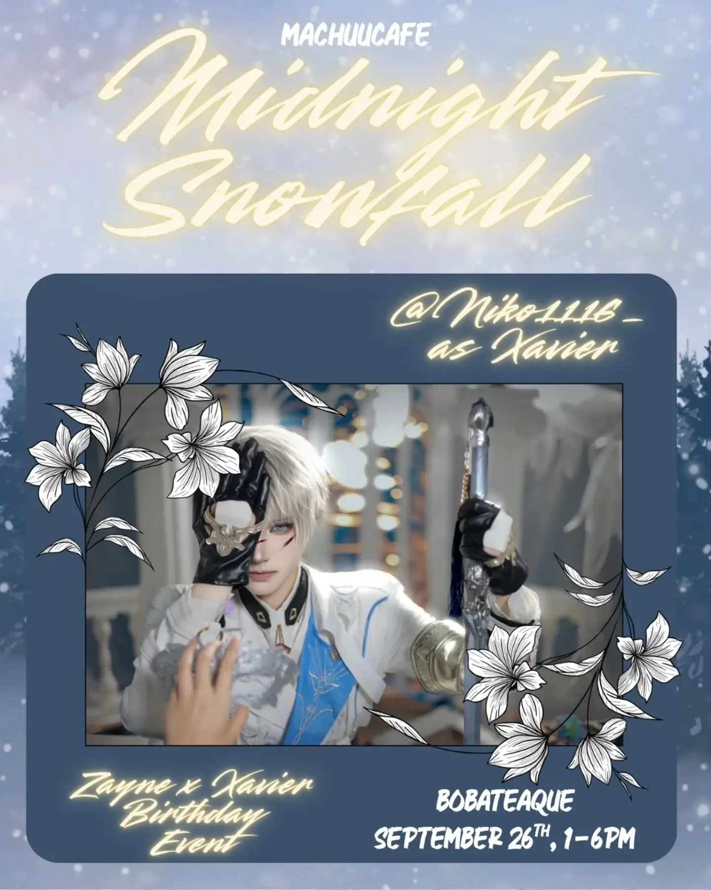 Hey Hunters! Join us on Saturday for a special event from @machuucafe! Midnight Snowfall will feature @niko1116_ as Xavier and @zhizhi_coser as Zayne! Don't miss out and don't forget to enter the raffles and have some fun!

#loveanddeepspace #xavierl