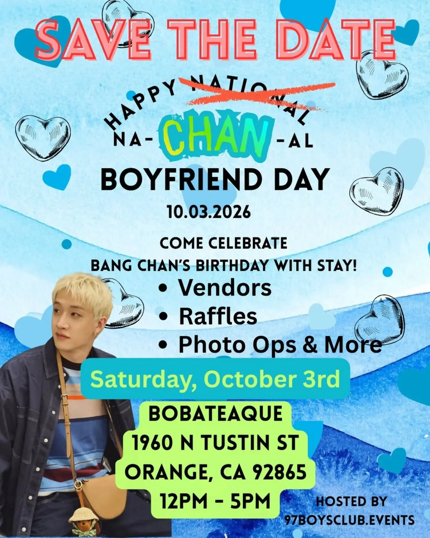 Visit us this Saturday and hangout with @97boysclub.events to celebrate SKZ Bang Chan's birthday! Come and STAY a while and have some fun with us!

#bangchanstraykıds #skzbangchan #skzcupsleeveevent #jypboys #kpopcupsleeve