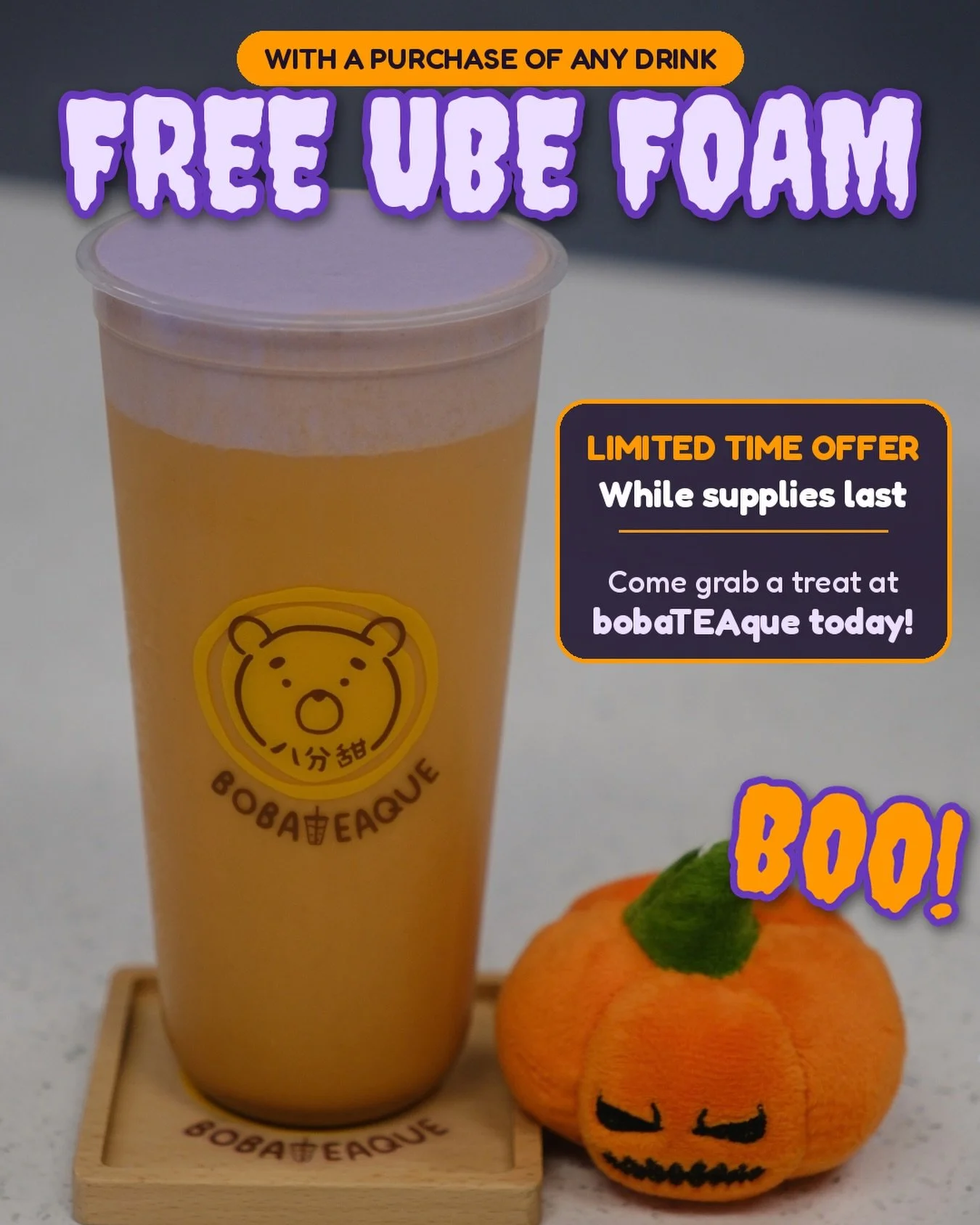bobaTEAque is treating you to FREE ube foam! 💜 Grab your favorite drink and add a free scoop of ube foam on top with any drink purchase. Foam goes on most of our drinks (just not the hot ones, it&rsquo;d melt!). Limited time only, while supplies las