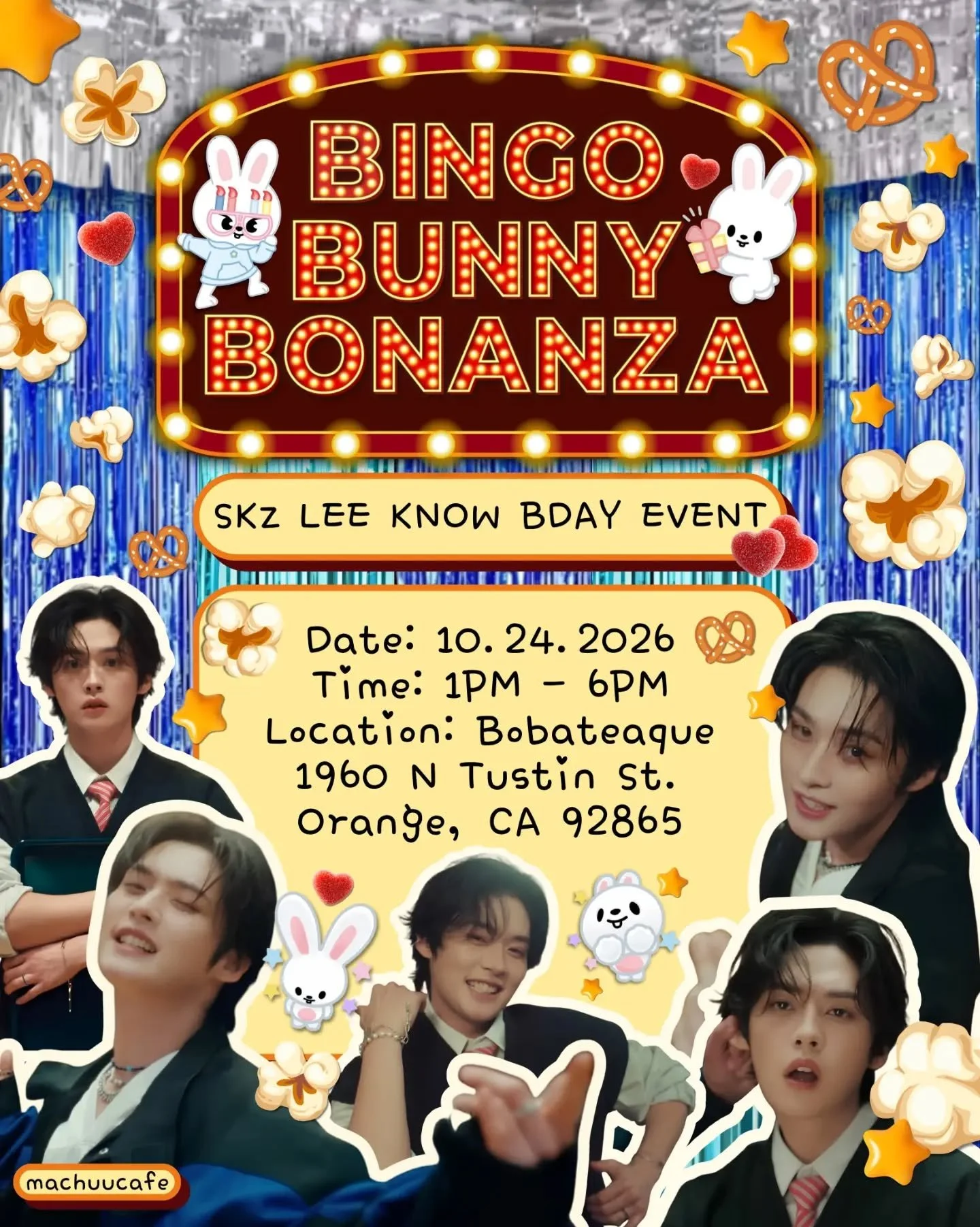 Hey ya STAY! Let's meet up this Saturday with @machuucafe and celebrate Lee Know from Stray Kids! We're going to have cute decor, activities and more to celebrate our fan fave boo!

#leeknowstraykids #skzleeknow #straykidsstay #leeknowskz #stayskz