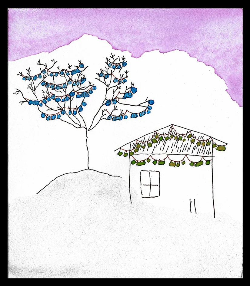 House with Blue Tree, 6 x 5"