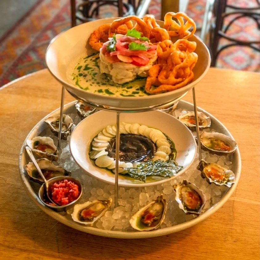 A sunny Sunday in Portland calls for something cold, briny, and sexy! 💋❤️&zwj;🔥

Seafood Tower!
Start with oysters on the half shell. Bright, briny, and dressed in chilpentin michelada with a smoky drizzle of chorizo oil. Then it&rsquo;s scallop cr