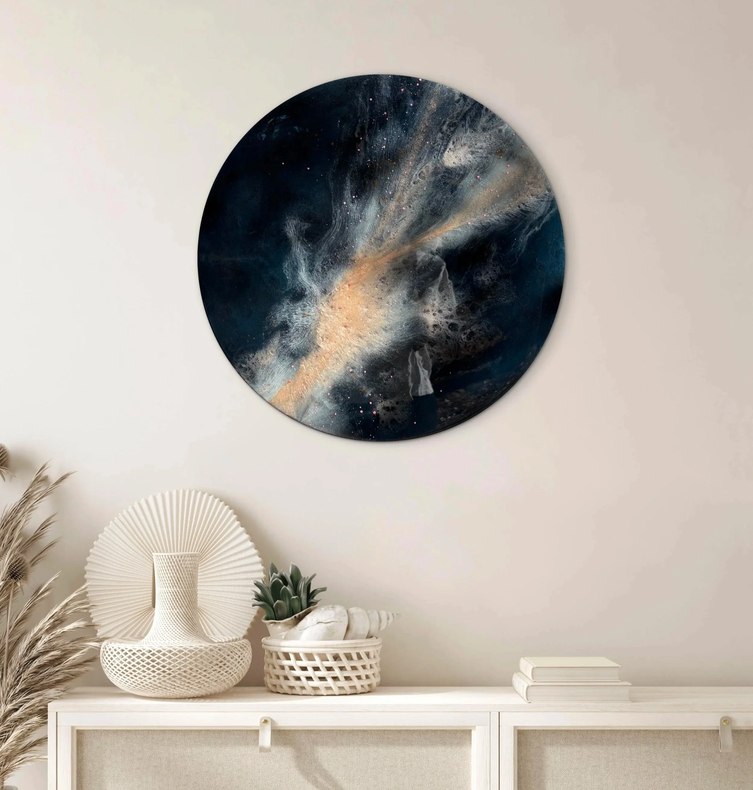 Circular abstract cosmic resin painting  by Lacy Fawn | soothing mesmerizing artwork