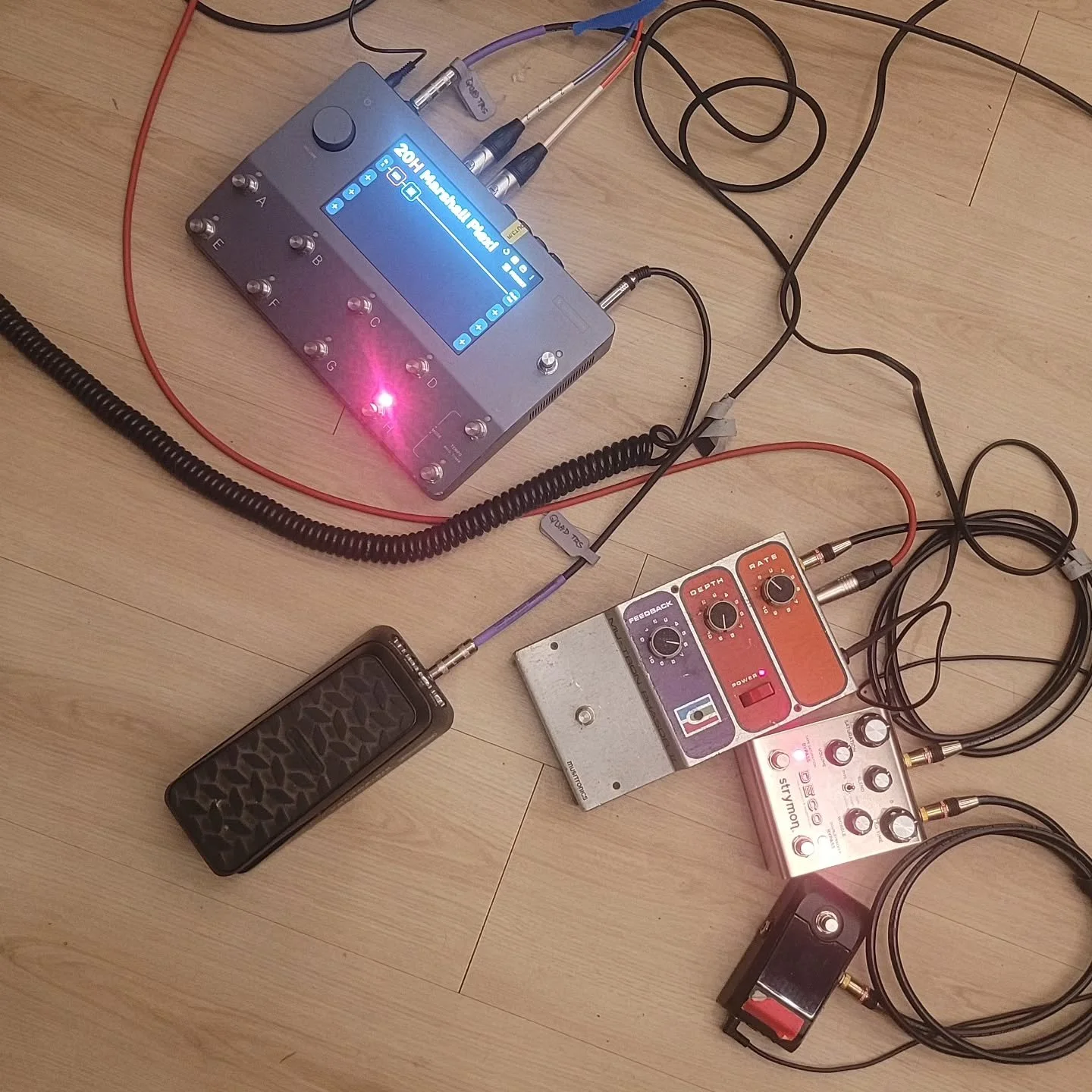 Using a wide age range of pedals to shape the next release, The Light. The song was originally written around 2010 and first recorded with Madness Blooms. After rebuilding it to perform live at the airport, I took that version back into the studio an