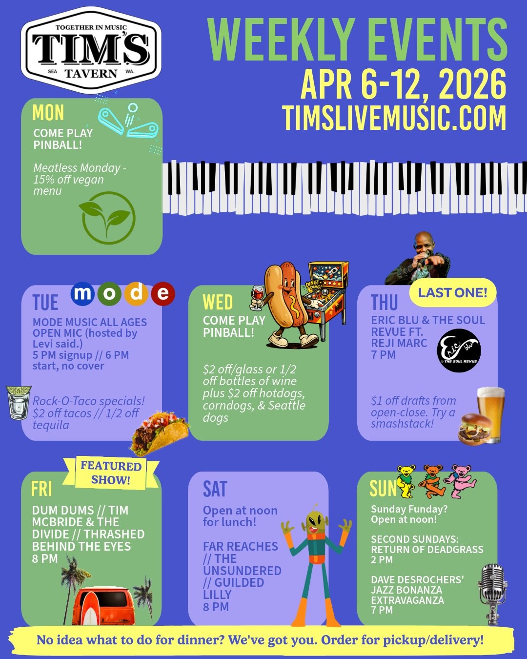 That's a wrap (almost). Last Thursday at @timstavernseattle is tomorrow with @rejimarc. 7pm.

New sound engineer this week, so if you bailed early last time, give us another shot. We promise we don't always sound like that.

Thanks to Tim's for letti