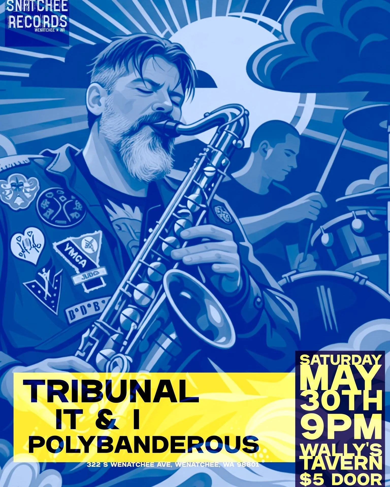 New poster for a Wenatchee road trip coming up next month. Taking @polybanderous over the mountains to @wallys_house_of_booze_ with @tribunal_music and @id_a.n.d_ego on May 30th.

Blue monochrome energy with that yellow punch for the info block. @sna