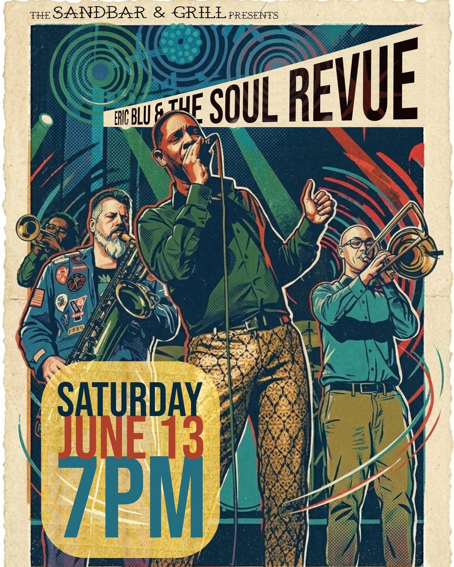 Vintage propaganda vibes for @ebsrmusic at @the_sandbarandgrill on June 13th. 

Halftone textures, limited palette, distressed paper edges - going for that mid-century screen print energy.

Eric Blu &amp; the Soul Revue bringing the horn section heat
