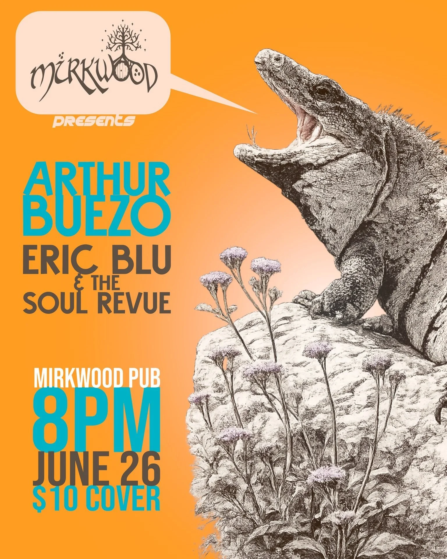 Vintage natural history meets modern type for @ebsrmusic and @Ar@arthurbuezo at @mirkwoodpub on June 26th. Took the photo of the iguana in Mexico and AI helped me break it out from the background so I could create this layout.

Show details: 8pm, $10