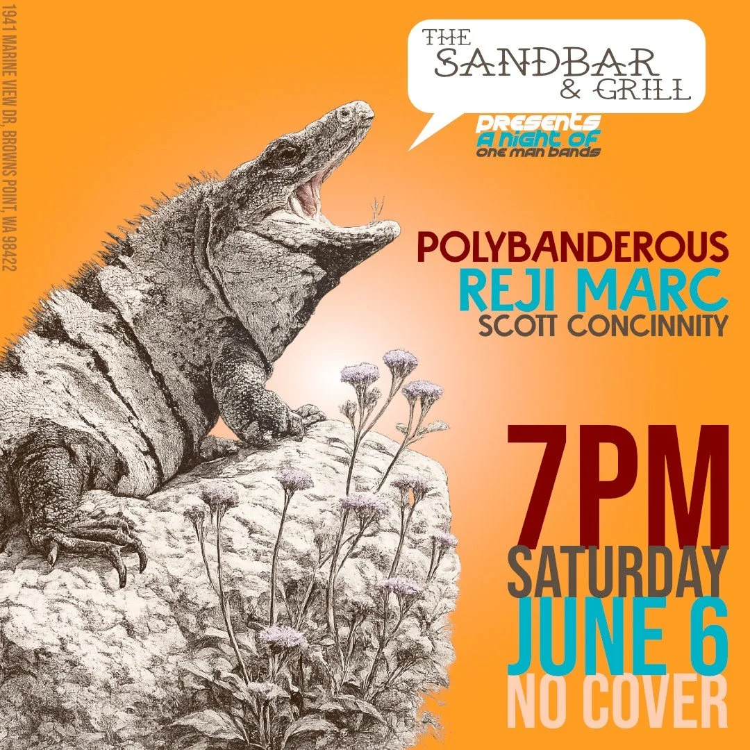Updated lineup for Saturday at @the_sandbarandgrill. @scottconcinnity is now opening the night, @rejimarc in the middle, and @polybanderous closing it out. Show starts at 7pm, no cover.

If you saw an earlier post with a different lineup, things shif