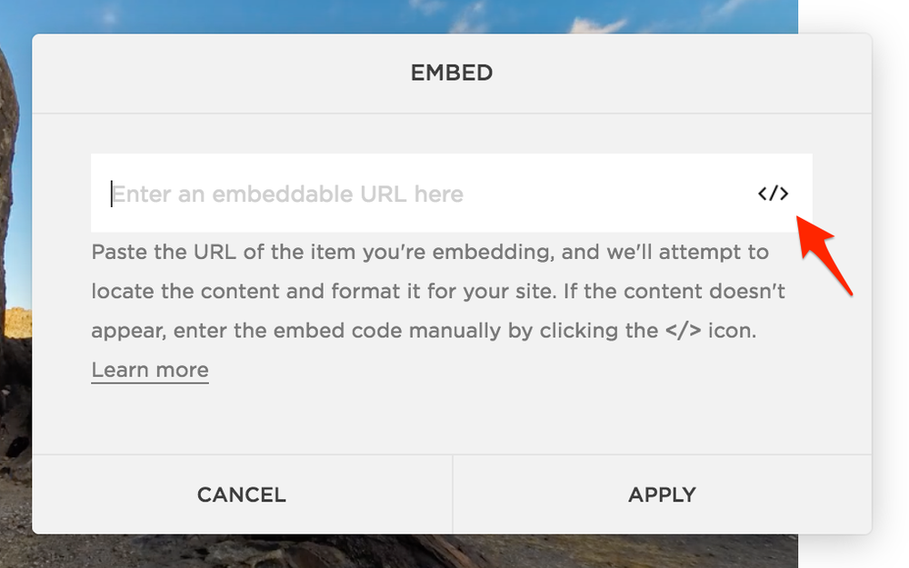 Click &lt;/&gt; to embed manually