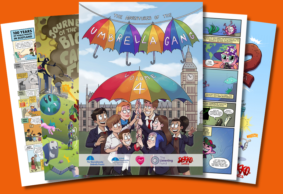 Dekko Comic Commissions image displaying series of comic book commissions for businesses organisations and universities