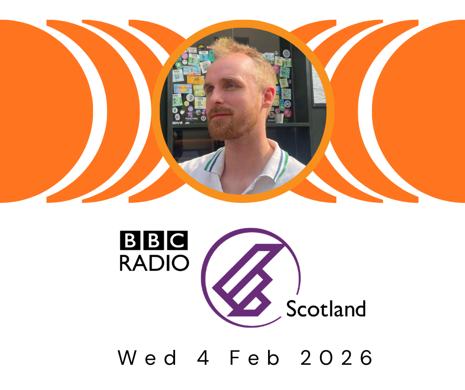 A headshot photo of Dekko Comics CEO Rossie Stone pictured in front of an orange design pictured above the BBC Radio Scotland logo with Wednesday 4 February 2026 printed underneath