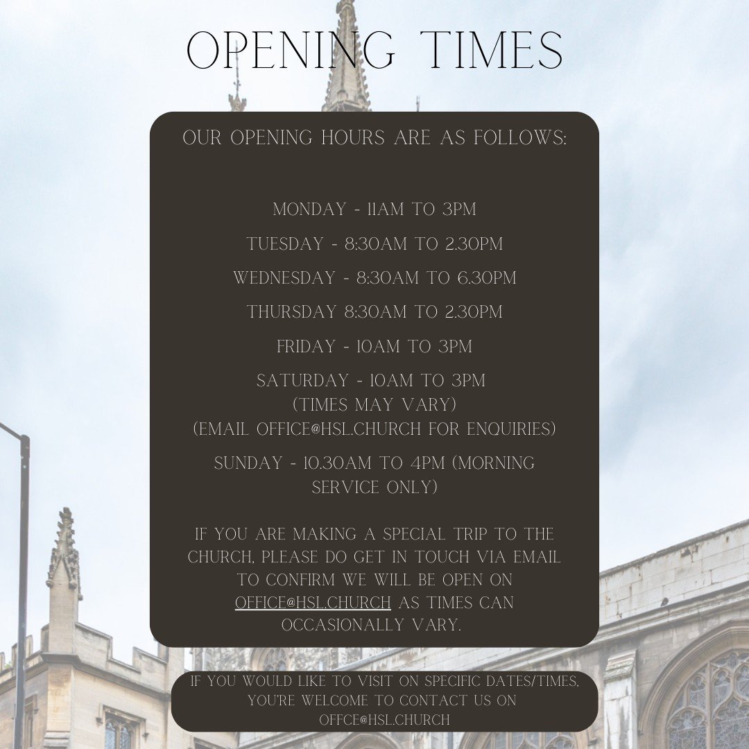 We are open 7 days a week! We have a plethora of things happening in the life of the Church. Whether you're wanting to attend one of our events or wanting to gain more of an insight on our history, our doors are open. For more info, visit hsl.church 